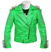 Men Green Studded Steam Punk Rockers leather Brando Jacket